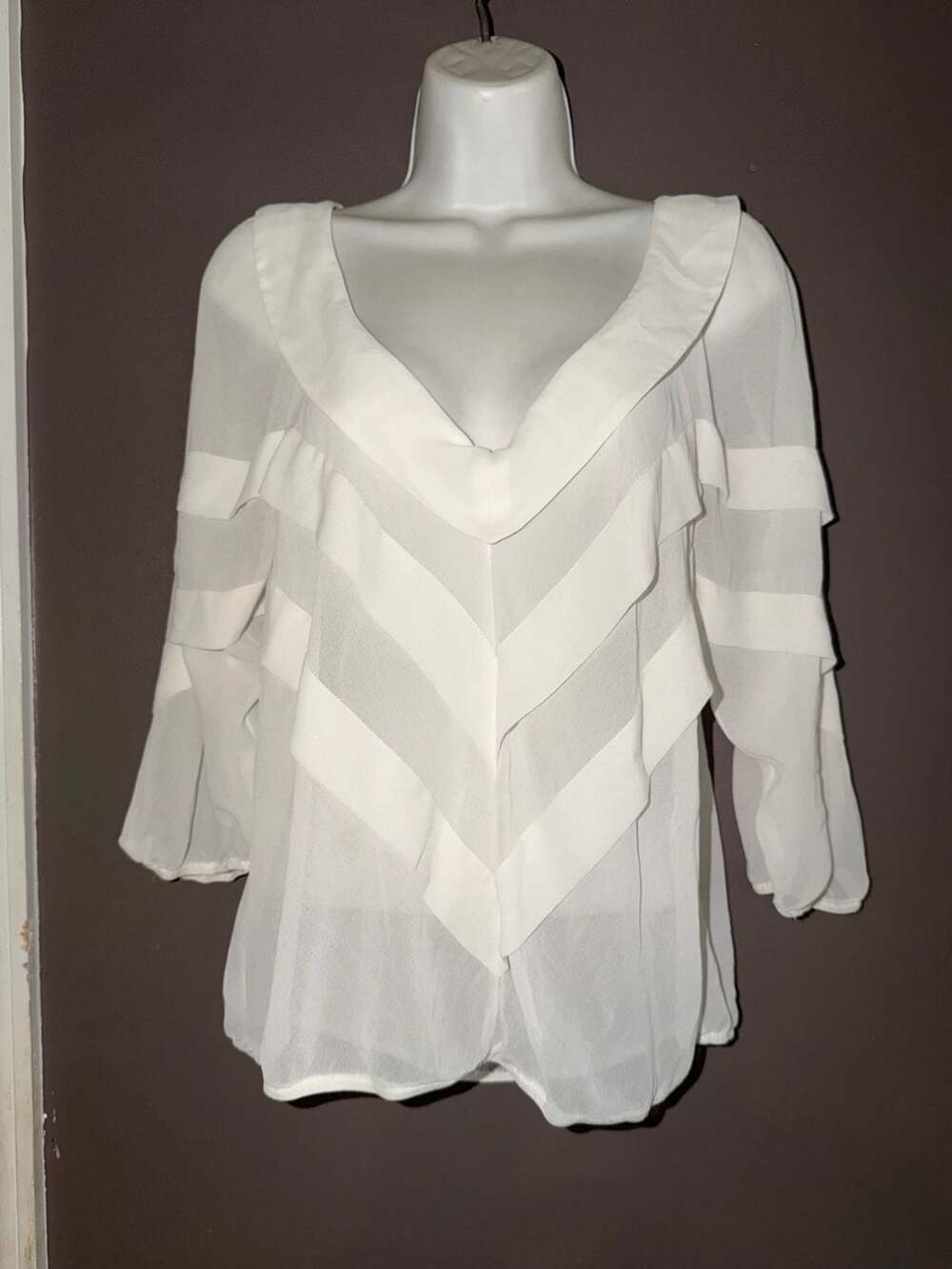 Studio M Blouse Size L White Chiffon Ruffle V-Neck